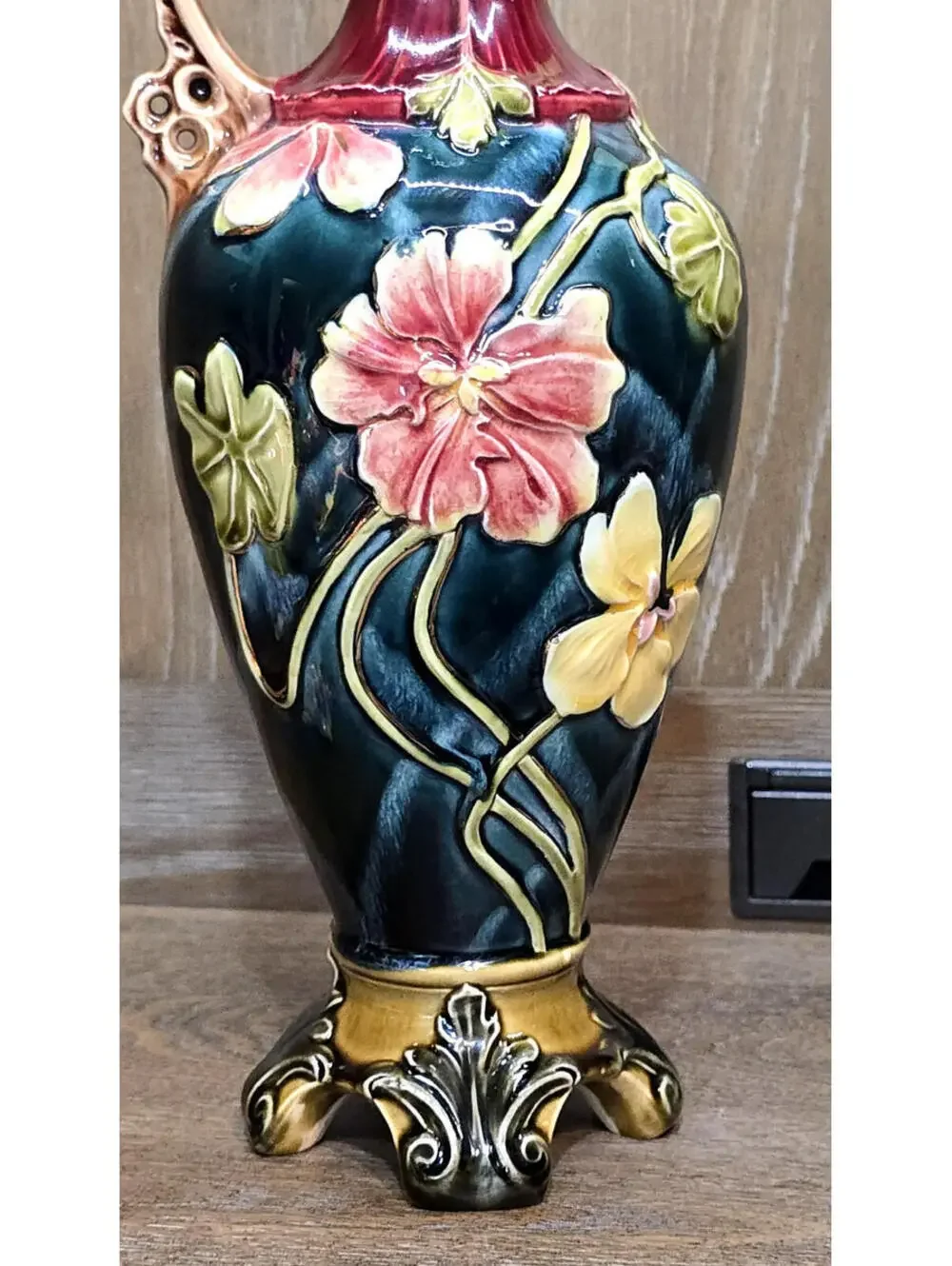 Antique Art Nouveau Majolica Floral Footed Ewer Pitcher Vase 12 inch Signed